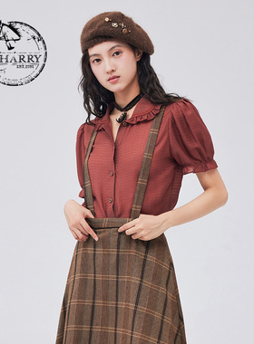 D-HARRY/迪哈利新款圆领泡泡袖铁锈红短袖衬衫DH233D96338D