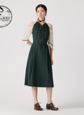 D-HARRY/迪哈利夏新款时尚百搭墨绿色落肩连衣裙DH242J97139D