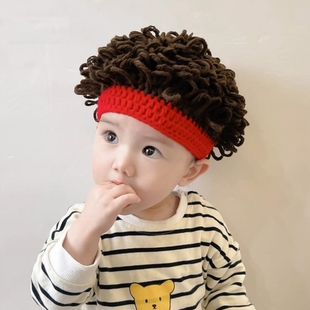 假发帽子宝宝男婴儿卷发秋冬季儿童帽搞怪男童针织帽可爱搞笑冬天