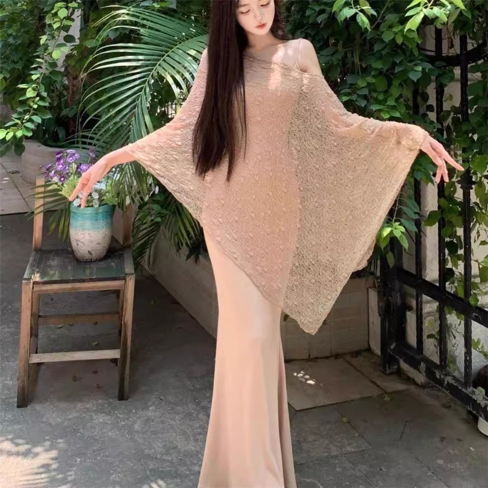 抖音款春夏季废土风防晒斗篷披肩长裙气质修身显瘦鱼尾吊带连衣
