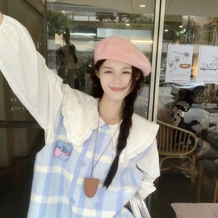 2025春秋外套新款 马甲 潮韩系甜美减龄立体装 饰格纹双排扣针织开衫