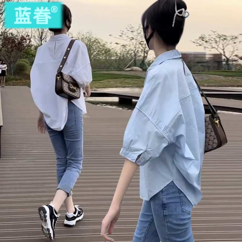 2025新款短袖薄款v领衬衫女夏防晒衣宽松显瘦小个子白色衬衣休闲