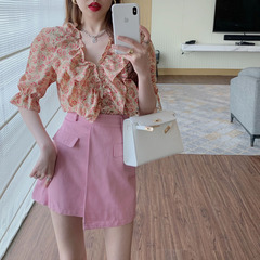Real shot floral Ruffle V-Neck long sleeve shirt + versatile A-line skirt with hip skirt