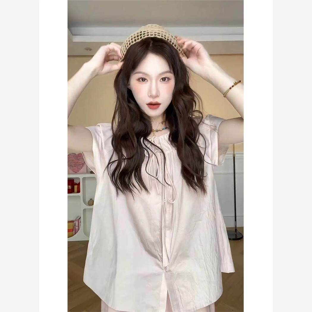 高级感法式小众压褶系带短袖衬衫女夏季新款洋气减龄百搭圆领上衣,女装/女士精品,衬衫,淘宝优惠券,粉丝福利购,淘宝优惠卷