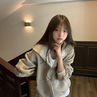 外套 加绒宽松慵懒风初高中生长袖 美式 复古条纹连帽卫衣女秋冬新款