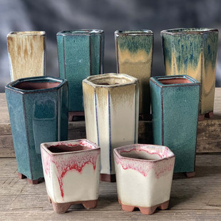 多肉方口粗陶盆亮釉小老桩拇指组合高方盆悬崖细高千筒盆景紫砂盆