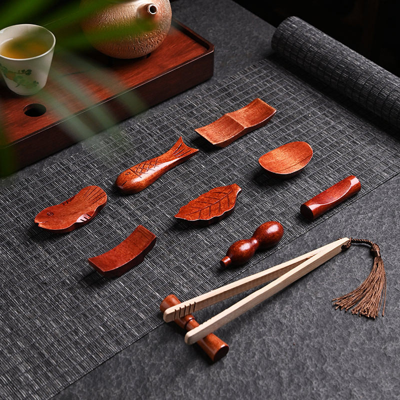 日式红木茶夹置架实木筷子托架树叶小鱼形状茶夹托架手工雕刻筷托