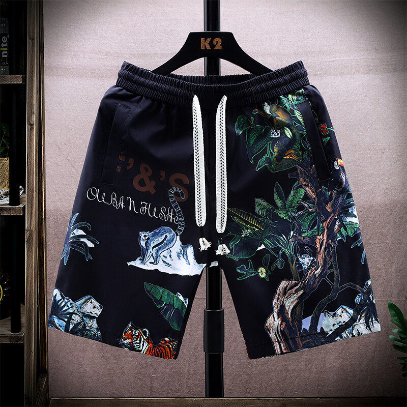 2025夏季新款男士冰丝短裤潮流印花速干沙滩裤宽松大码运动五分裤,男装,短裤,淘宝优惠券,粉丝福利购,淘宝优惠卷