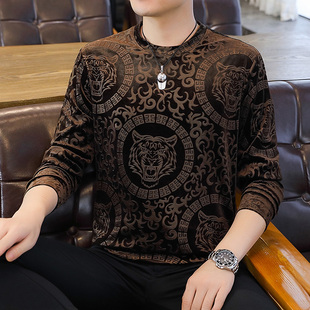 高档金丝绒卫衣男加肥加大码加绒加厚长袖T恤个性休闲男装打底衫