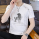 T恤男士 2026新款 白色老虎烫钻印花修身 短袖 圆领潮流半袖 体恤上衣