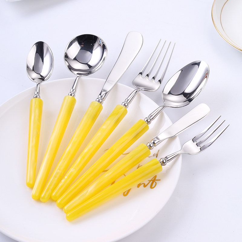 流光亚克力柠檬黄手柄304不锈钢刀叉勺餐具套装黄油刀甜品叉勺子