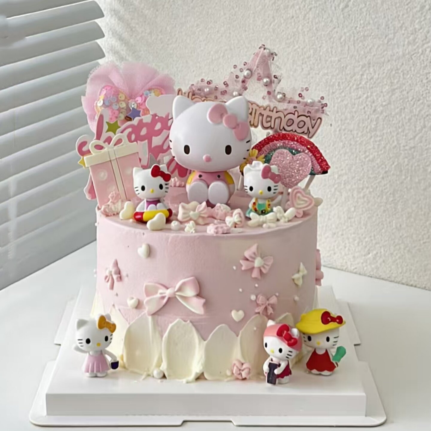 HelloKitty猫粉色生日蛋糕卡通造型装饰儿童女生主题烘焙装饰用品