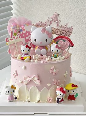 HelloKitty猫粉色生日蛋糕卡通造型装饰儿童女生主题烘焙装饰用品