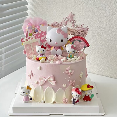 HelloKitty猫粉色生日蛋糕卡通造型装饰儿童女生主题烘焙装饰用品