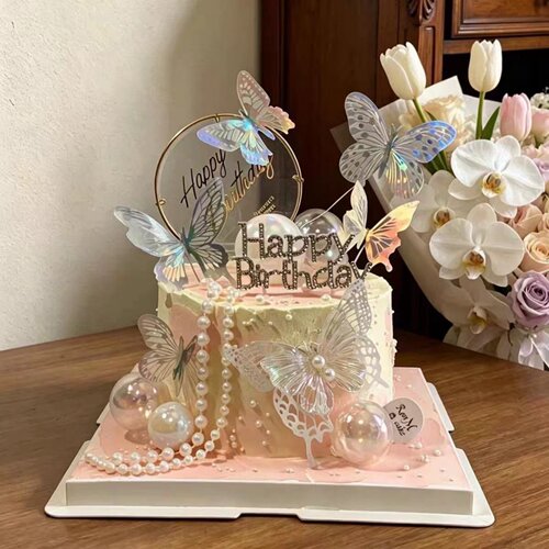 仙女风蝴蝶珍珠生日蛋糕装饰摆件粉色梦幻女生女生烘焙装扮插件