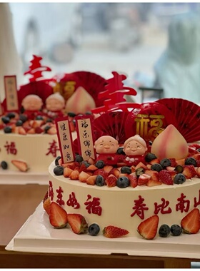 祝寿蛋糕装饰爷爷奶奶健康长寿福乐绵绵长辈生日红色扇子蛋糕插件