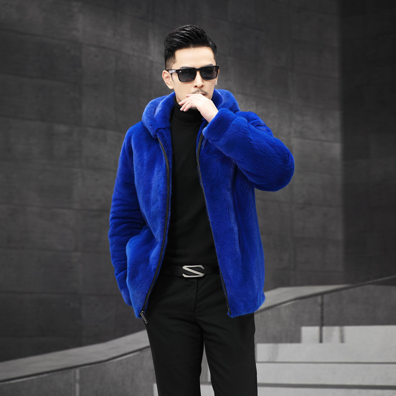 2024新款男装人造皮草外套仿水貂黑色大衣连帽男士大码夹克裘皮潮