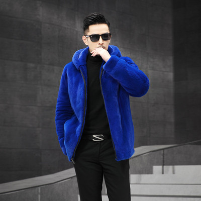 2024新款男装人造皮草外套仿水貂黑色大衣连帽男士大码夹克裘皮潮