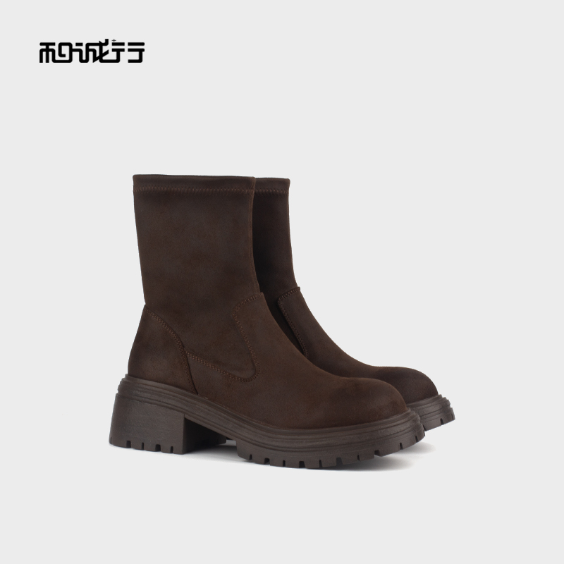 和诚行圆头粗跟弹力靴