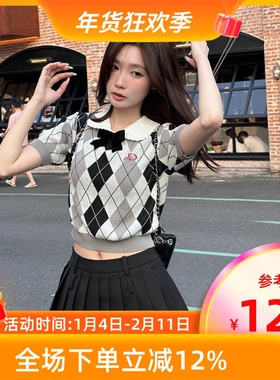 MKManley原创菱格甜美短款学院风针织上衣蝴蝶结修身短袖t恤女夏