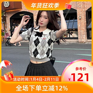 MKManley原创菱格甜美短款学院风针织上衣蝴蝶结修身短袖t恤女夏