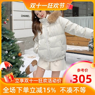 MKManley原创毛领连帽pu皮羽绒服简约百搭外套高级感短款 保暖大衣