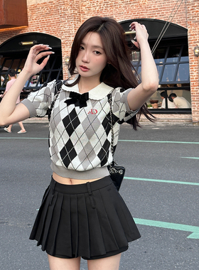 MKManley原创菱格甜美短款学院风针织上衣蝴蝶结修身短袖t恤女夏