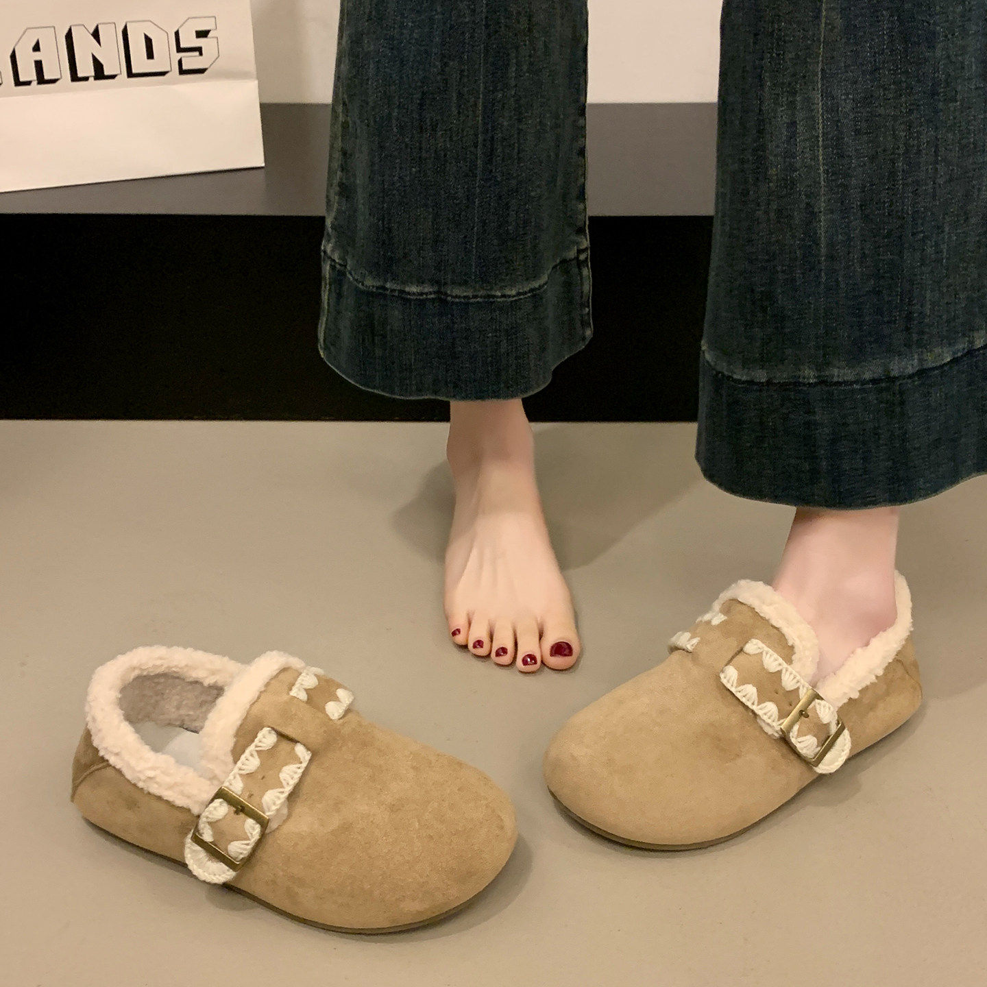 复古加绒加厚保暖平底博