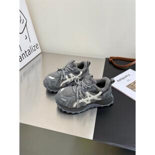 真皮厚底丑萌羊羔绒老爹鞋女2025冬新款双鞋带增高轻便休闲运动鞋