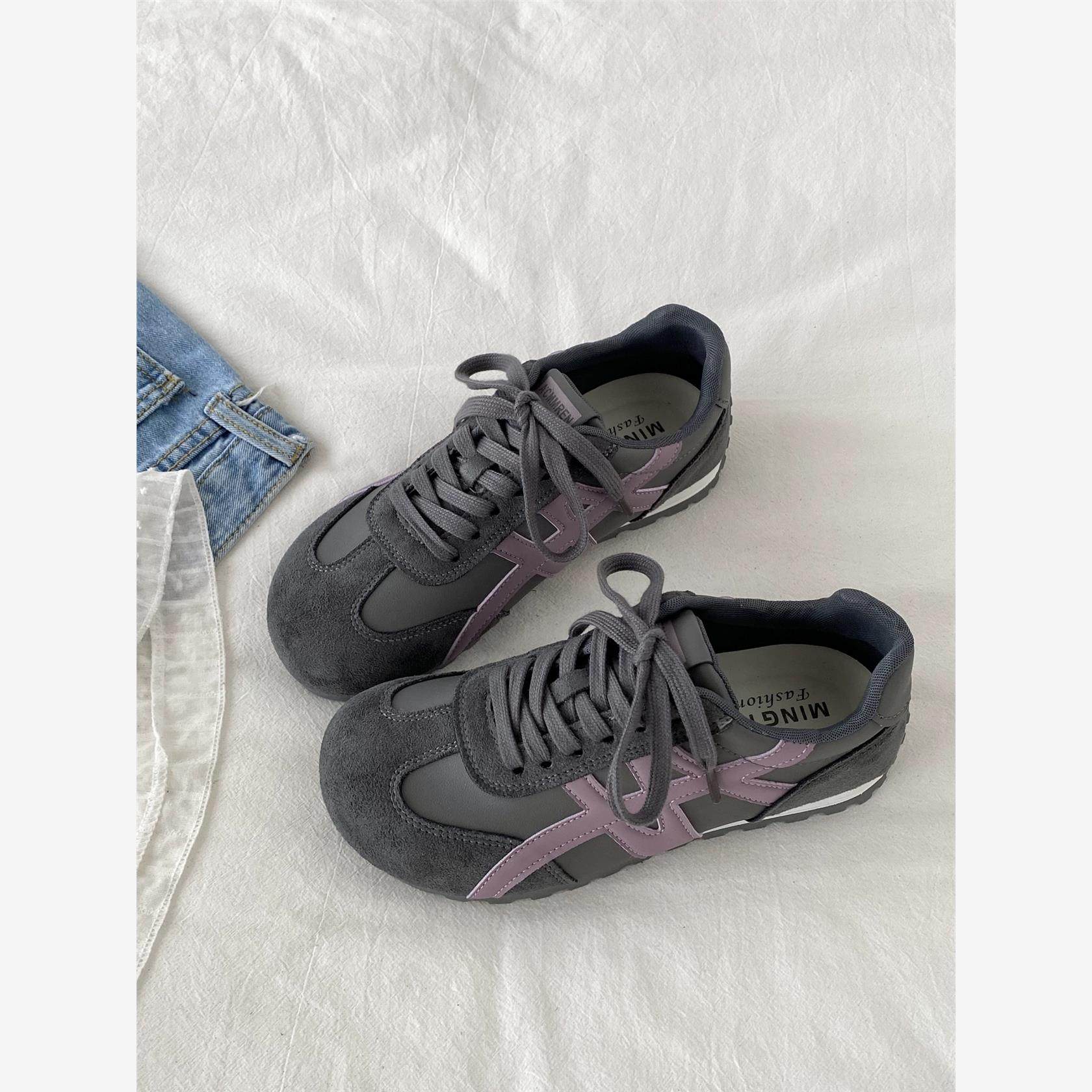 潮鞋灰紫色小众德训鞋女款2025秋季厚底阿甘鞋覆古板鞋休闲运动鞋