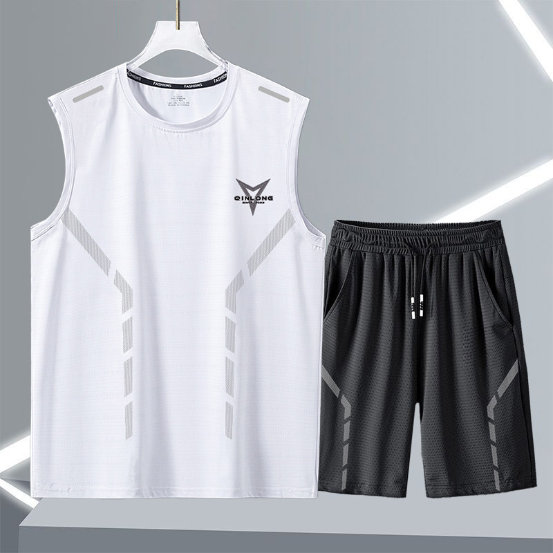 男士潮流无袖坎肩背心男套装圆领运动服夏季薄款短裤一套休闲搭配