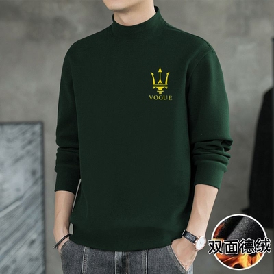 半高领男士打底衫双面绒德绒秋冬季加绒加厚保暖印花轻奢长袖