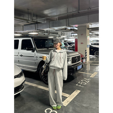 运动休闲套装女2024年秋季新款篙克重撞色抽绳显瘦连帽一整套