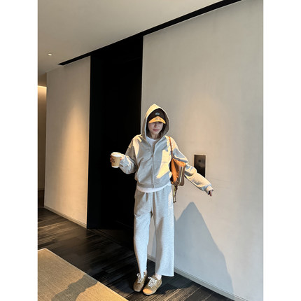 休闲裤女高腰垂感2024年秋季新款極简篙密圈棉毛边直筒九分卫裤