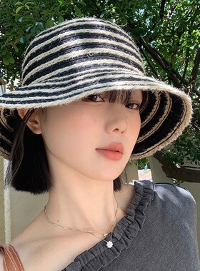 韩系复古棉麻条纹渔夫帽子女夏季透气出游遮阳防晒显脸小沙滩草帽
