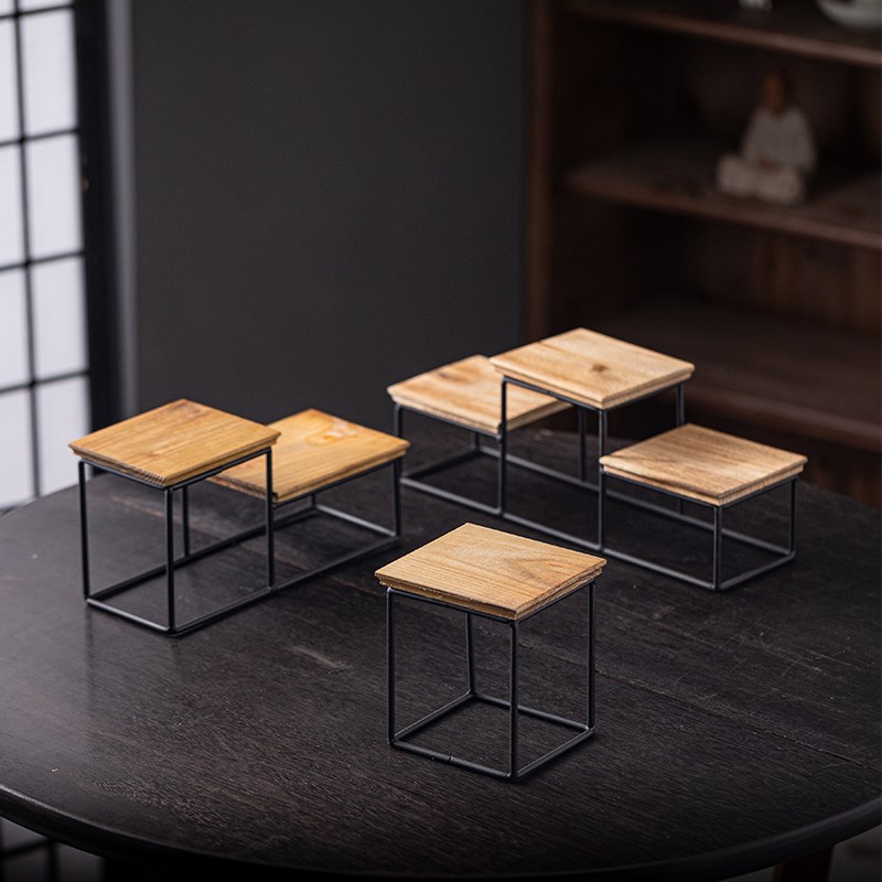 实木小号博古f架子迷你桌面置物架茶几摆件底座铁艺工艺品方格子