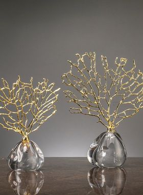 创意发财树铜鹿轻奢摆件大理石北欧简约玄关电视柜招W财家居装饰