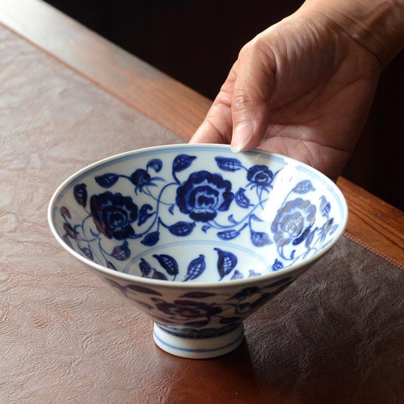 景德镇手工拉坯釉下彩青花瓷手绘缠枝莲陶瓷斗笠碗 茶碗 面碗饭碗