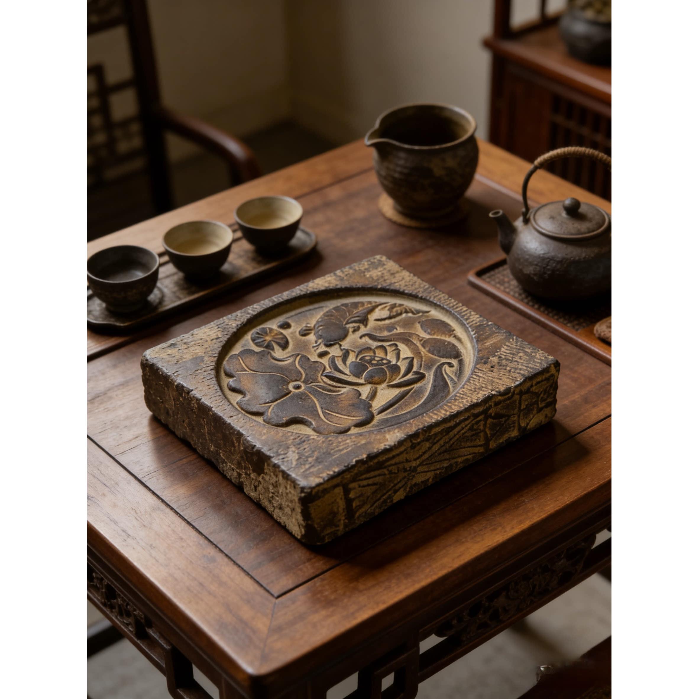 干泡台古汉砖彷古石雕茶盘复古装饰摆饰连年有余壶承杯垫古文拓片
