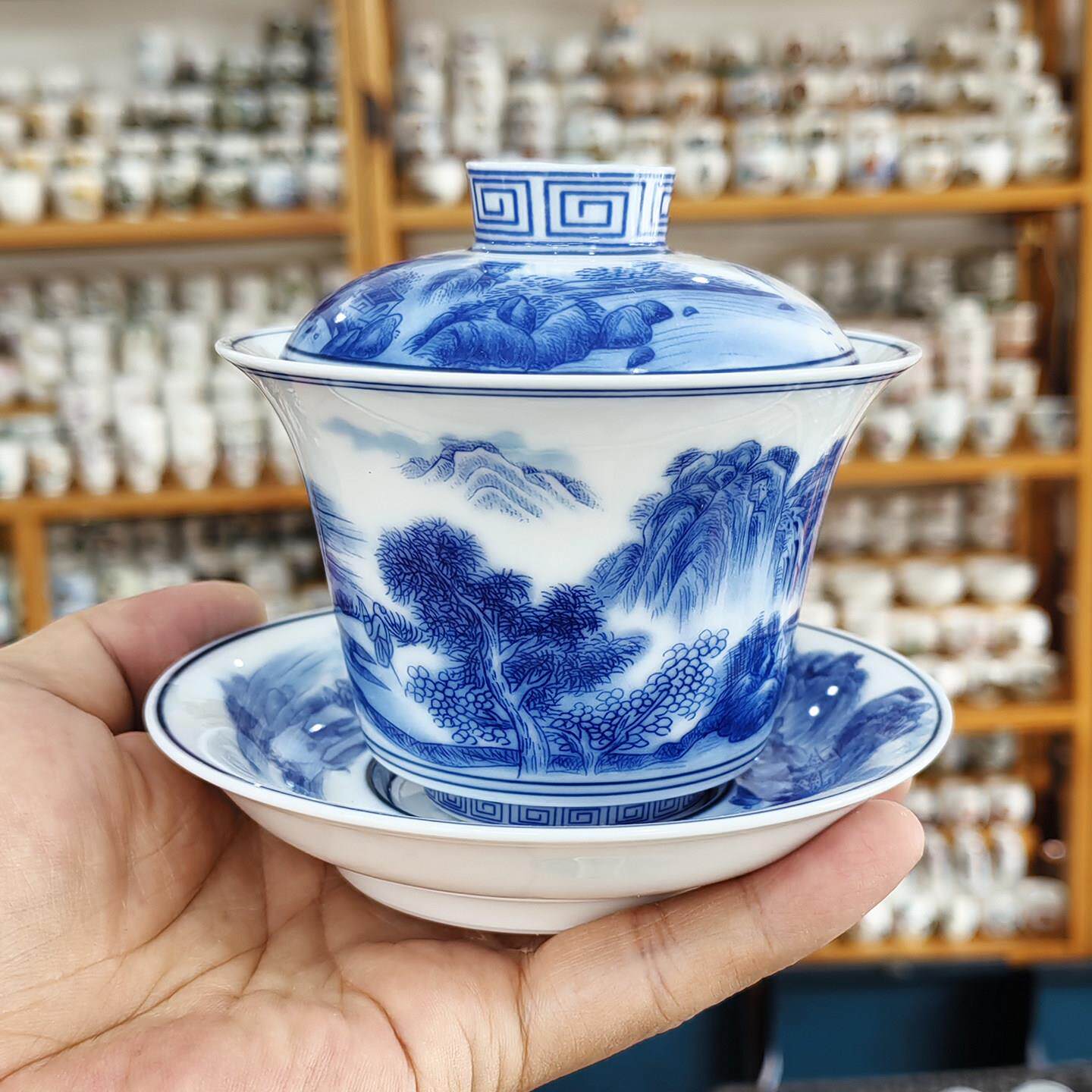 高档青花三才盖碗景德镇陶瓷青花瓷功夫茶具山水泡茶碗茶器敬茶碗