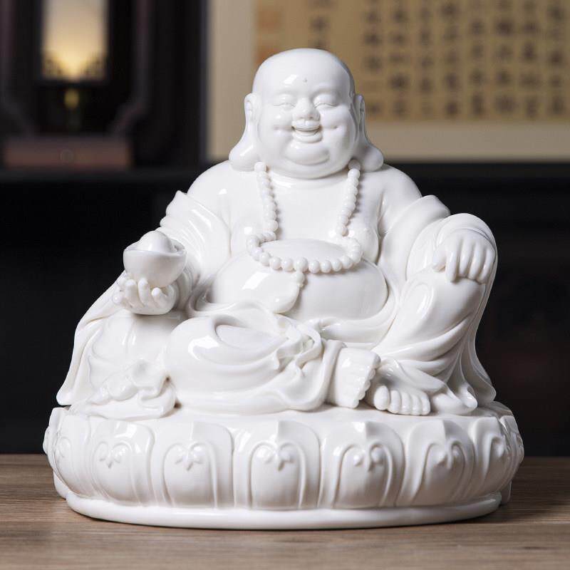 陶瓷坐莲弥勒佛像摆件招财布袋大肚笑佛家居客厅装饰品瓷器工艺品
