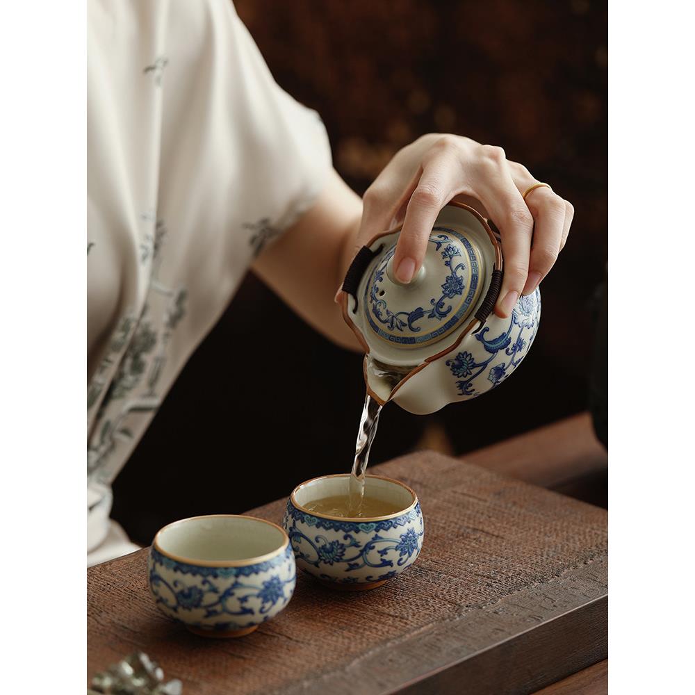 青花汝窑手抓壶盖碗茶杯单个高档防烫泡茶壶家用功夫茶具带盖茶碗