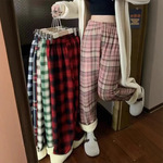 复古风格子直筒裤女高腰松紧腰加绒保暖休闲长裤