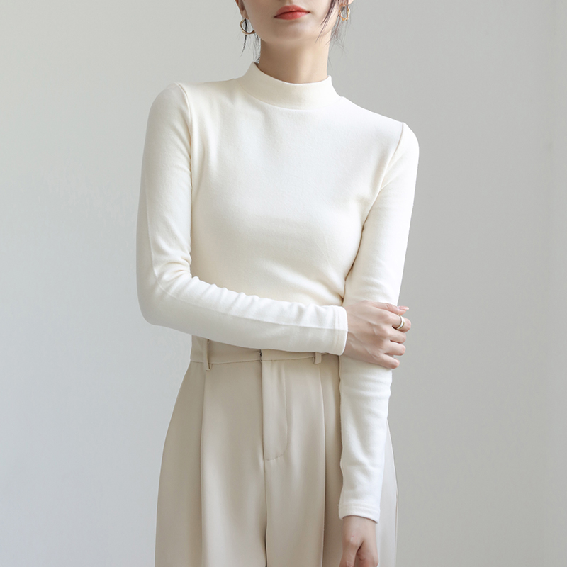 德绒打底衫女秋冬白色内搭加绒小立领长袖t恤半高领修身上衣