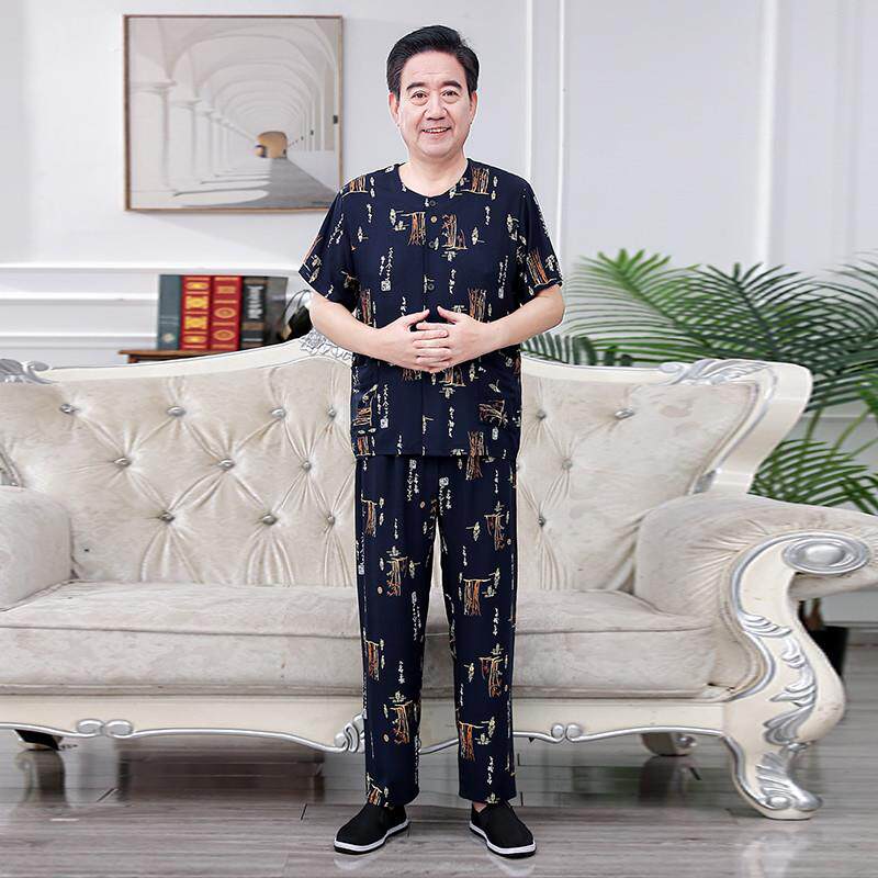 中老年男装爸爸春夏棉绸睡衣套装短袖长裤宽松爷爷家居服两件套