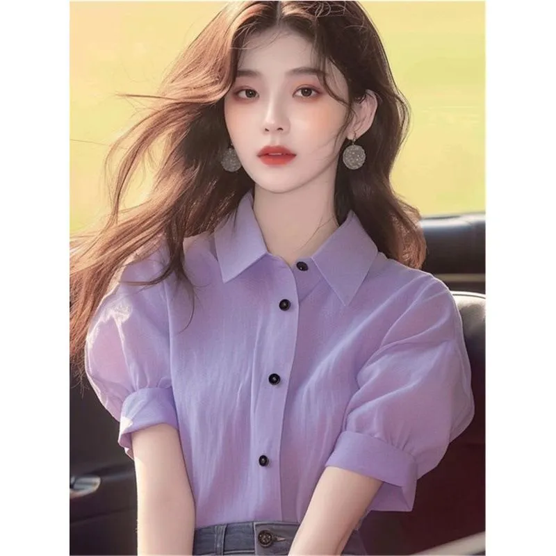 洋气别致上衣夏款女装2025新款小衫淡紫色领泡泡短袖衬衫
