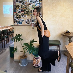 女新款 垂感背带连体裤 冰丝阔腿裤 夏季 子 宽松显瘦薄款 港风休闲长裤
