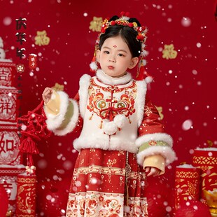 加绒加厚马甲马面裙套装 汉服女童冬季 两件套儿童T中国风喜庆拜年