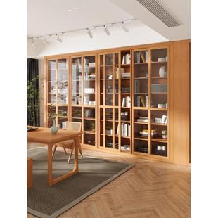 原木书架定制整墙全实木玻璃推拉门书架樱桃木书房定制 日式