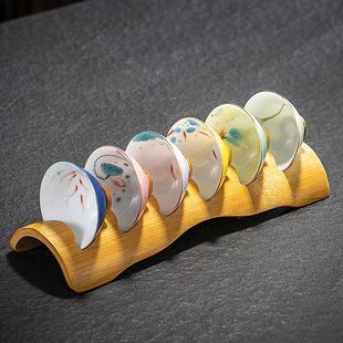 手绘6杯加竹杯架斗笠功夫茶杯子主人杯 纯手绘茶具羊脂白茶杯套装
